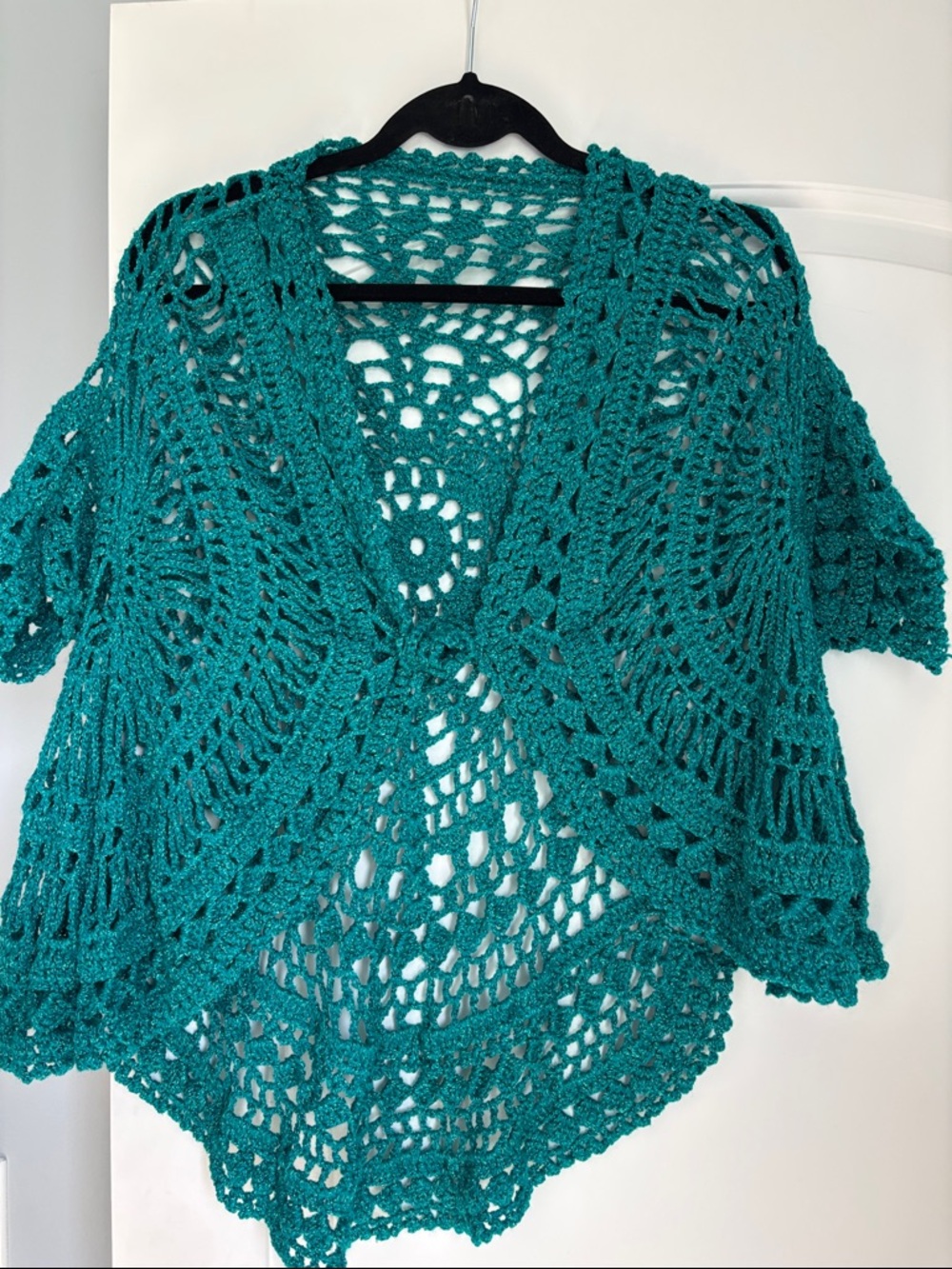 Source Unknown Teal Crochet Open-Front Poncho Shrug